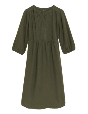 

Womens M&S Collection Linen Rich V-Neck Midi Waisted Dress - Hunter Green, Hunter Green