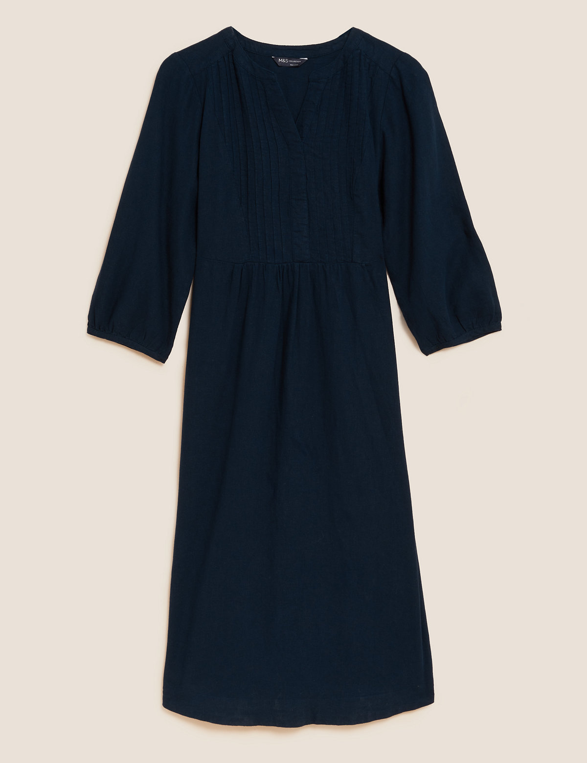 Linen Blend V-Neck Midi Waisted Dress