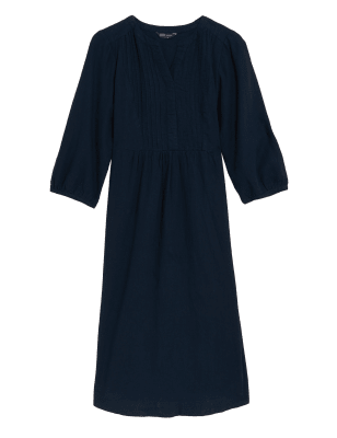 

Womens M&S Collection Linen Blend V-Neck Midi Waisted Dress - Navy, Navy