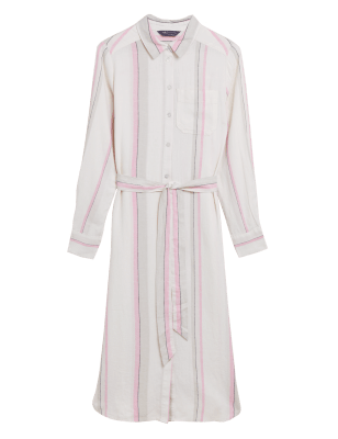 

Womens M&S Collection Linen Rich Striped Belted Midi Shirt Dress - Cream Mix, Cream Mix