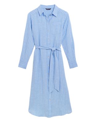 M&S Womens Linen Rich Striped Midi Shirt Dress