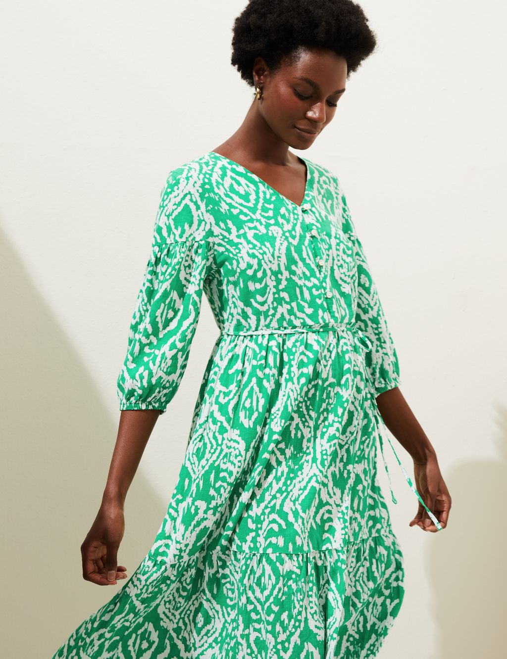 Linen Blend Printed V-Neck Midi Dress image 1