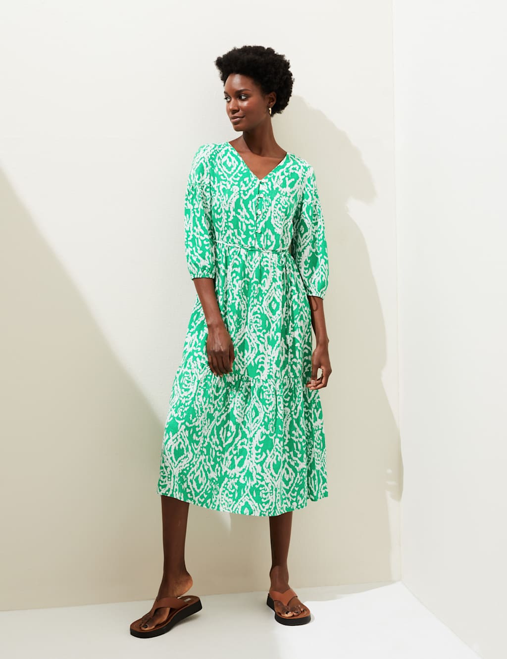 Linen Blend Printed V-Neck Midi Dress image 3