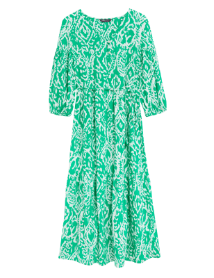 

Womens M&S Collection Linen Blend Printed V-Neck Midi Dress - Bright Green, Bright Green