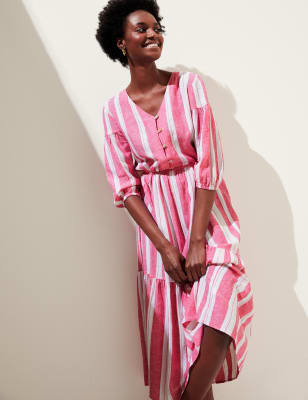 

Womens M&S Collection Linen Blend Striped V-Neck Midi Tiered Dress - Fuchsia Mix, Fuchsia Mix