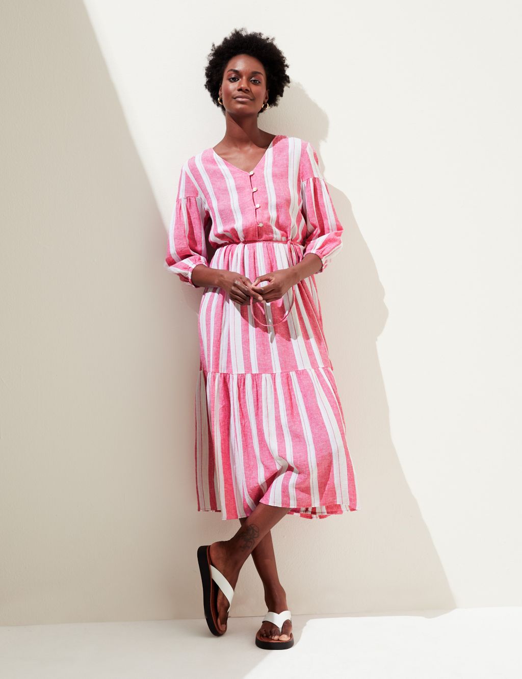 Linen Blend Striped V-Neck Midi Tiered Dress image 3