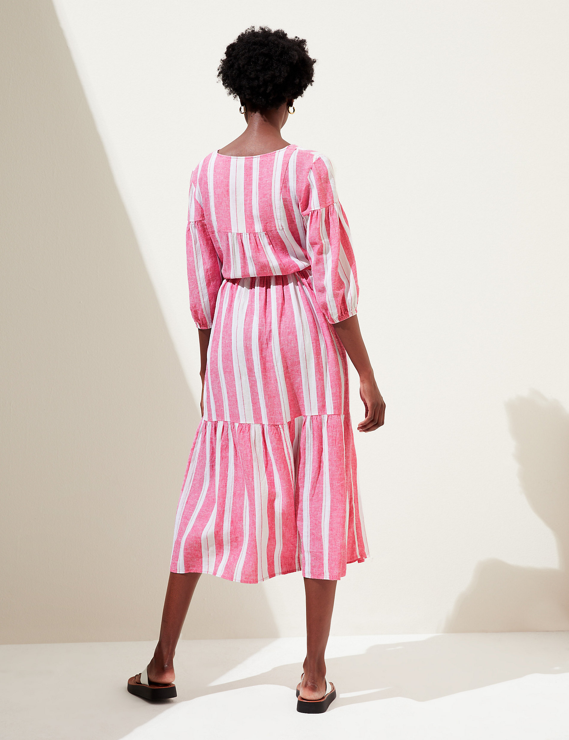 Linen Blend Striped V-Neck Midi Tiered Dress