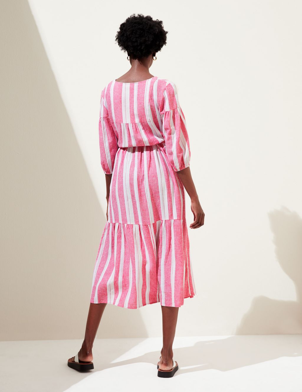 Linen Blend Striped V-Neck Midi Tiered Dress image 4