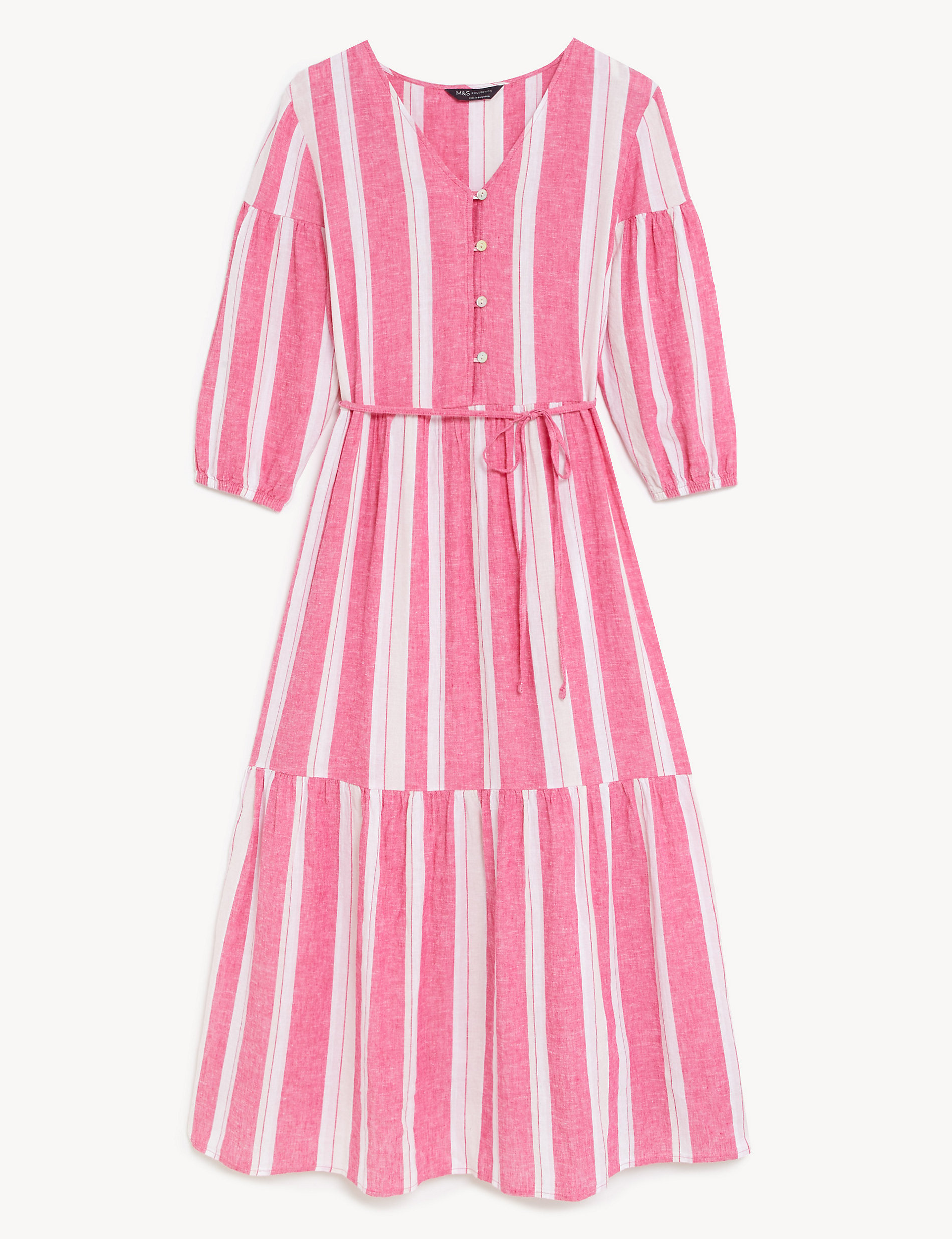 Linen Blend Striped V-Neck Midi Tiered Dress