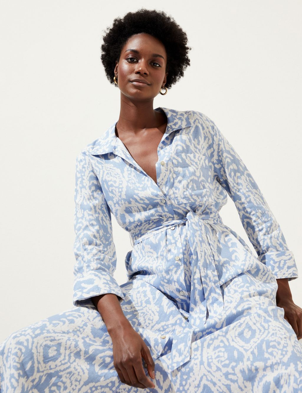 Linen Blend Printed Midi Shirt Dress image 1