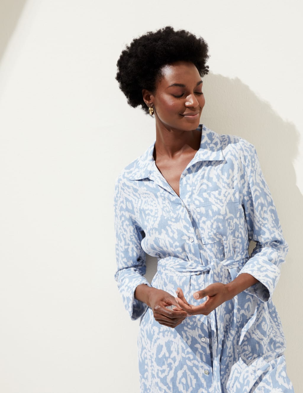 Linen Blend Printed Midi Shirt Dress image 3