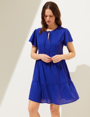 

Womens M&S Collection Linen Blend Tie Neck Mini Tiered Dress - Electric Blue, Electric Blue