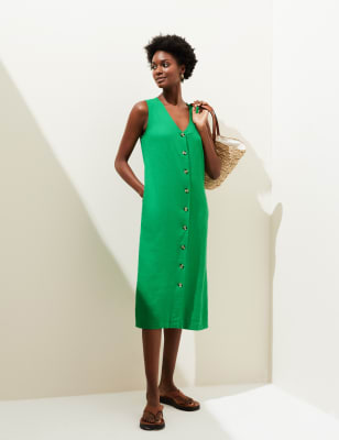 

Womens M&S Collection Linen Blend V-Neck Midi Column Dress - Bright Green, Bright Green