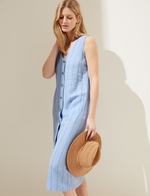 

Womens M&S Collection Schmales Midikleid mit hohem Leinenanteil, V-Ausschnitt und Streifenmuster - Chambray, Chambray