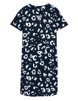 

Womens M&S Collection Gemustertes Midi-Etuikleid mit hohem Leinenanteil und V-Ausschnitt - Navy Mix, Navy Mix