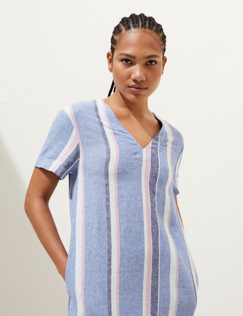 Linen Rich Striped V-Neck Midi Shift Dress image 2