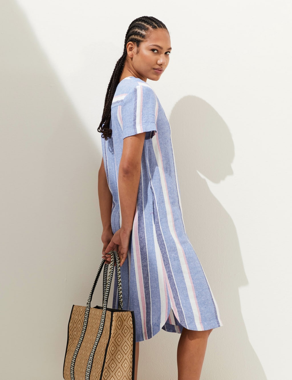 Linen Rich Striped V-Neck Midi Shift Dress image 3