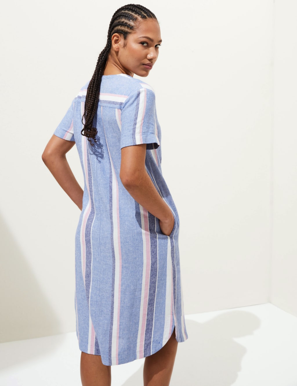 Linen Rich Striped V-Neck Midi Shift Dress image 5
