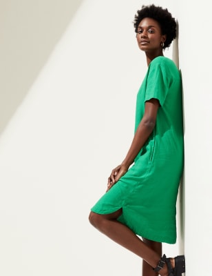 

M&S Collection Vestido recto a media pierna de lino de escote en picoWomens - Bright Green, Bright Green