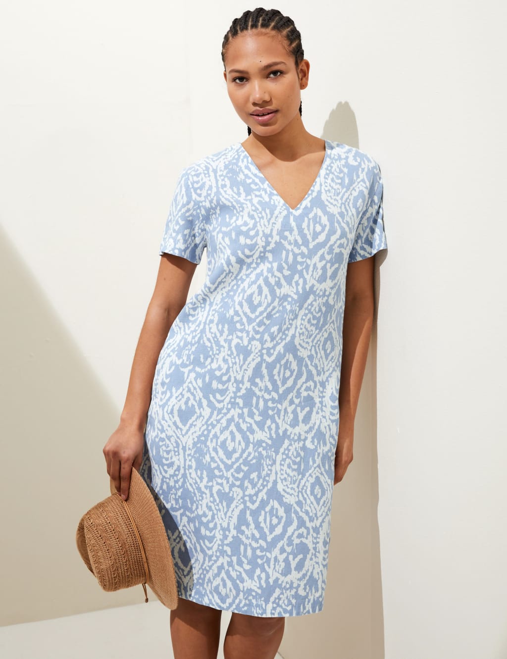Linen Rich Printed V-Neck Midi Shift Dress image 2