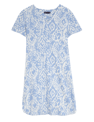

Womens M&S Collection Linen Rich Printed V-Neck Midi Shift Dress - Medium Blue Mix, Medium Blue Mix