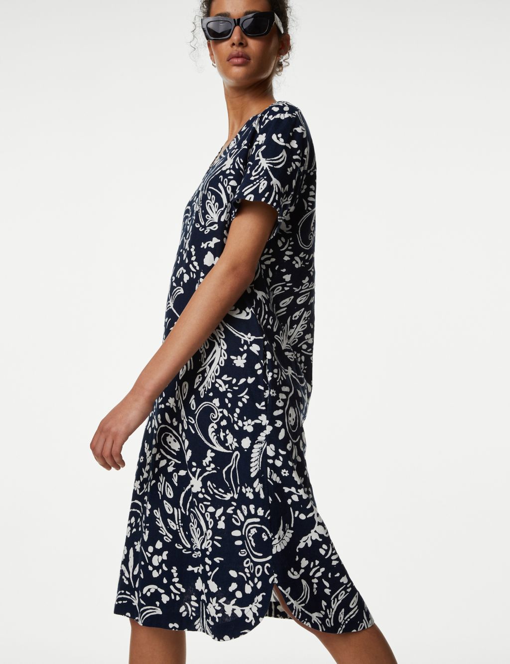 Linen Rich Printed V-Neck Midi Shift Dress image 1