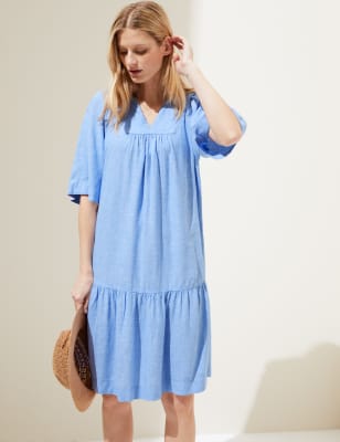 

Womens M&S Collection Linen Blend V-Neck Knee Length Tiered Dress - Light Chambray, Light Chambray