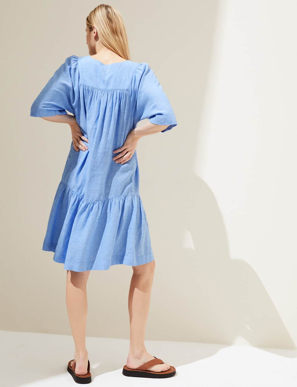 Linen Blend V-Neck Knee Length Tiered Dress image 4