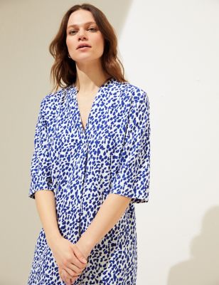 

Womens M&S Collection Linen Rich Printed V-Neck Tunic - Blue Mix, Blue Mix