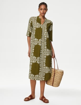 

M&S Collection Túnica de escote en pico de lino estampadaWomens - Bright Sage, Bright Sage