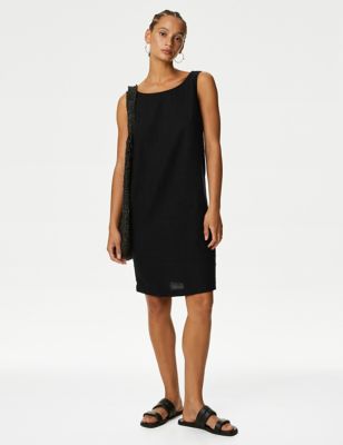 M&S Womens Linen Rich Knee Length Shift Dress - 8SHT - Black, Black,Bright Blue,Onyx