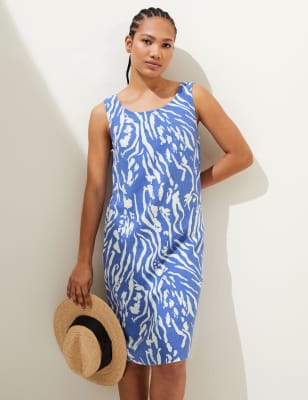 

Womens M&S Collection Gemustertes Etuikleid mit hohem Leinenanteil und Rundhalsausschnitt - Blue Mix, Blue Mix