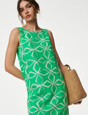 

Womens M&S Collection Linen Rich Printed Round Neck Shift Dress - Medium Green, Medium Green