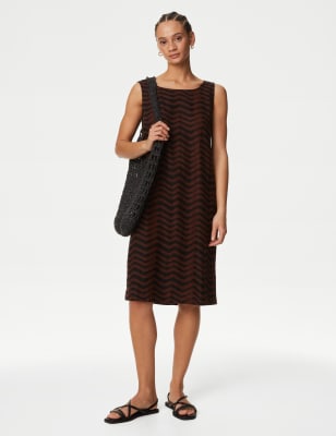 Linen Rich Printed Round Neck Shift Dress - NZ