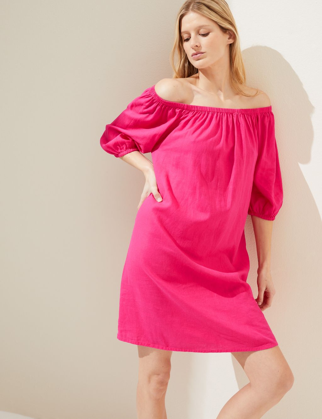 Linen Rich Bardot Knee Length Shift Dress image 2