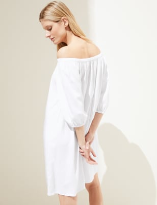 White linen bardot hot sale dress