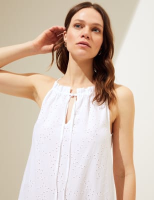 

M&S Collection Vestido playero maxi a media pierna 100 % algodón con caladoWomens - White, White