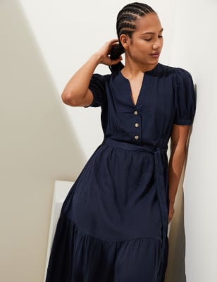 

Womens M&S Collection Linen Blend V-Neck Tie Waist Midi Tea Dress - Navy, Navy