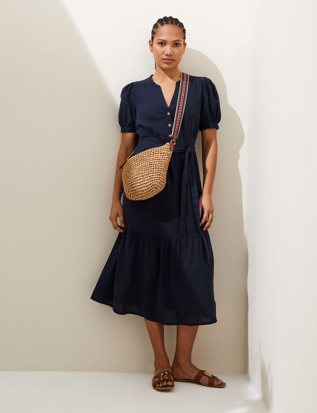 Linen Blend V-Neck Tie Waist Midi Tea Dress image 2