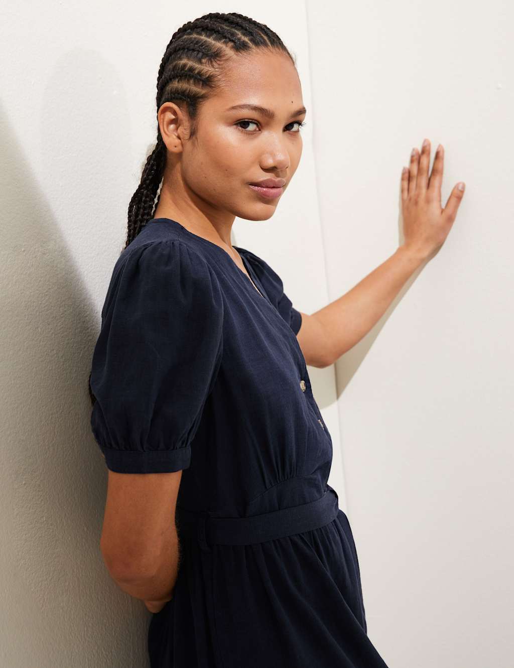 Linen Blend V-Neck Tie Waist Midi Tea Dress image 3