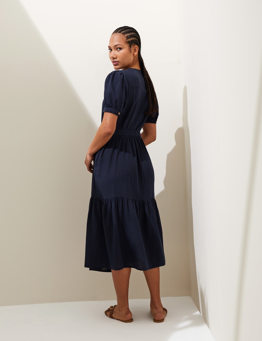Linen Blend V-Neck Tie Waist Midi Tea Dress image 5
