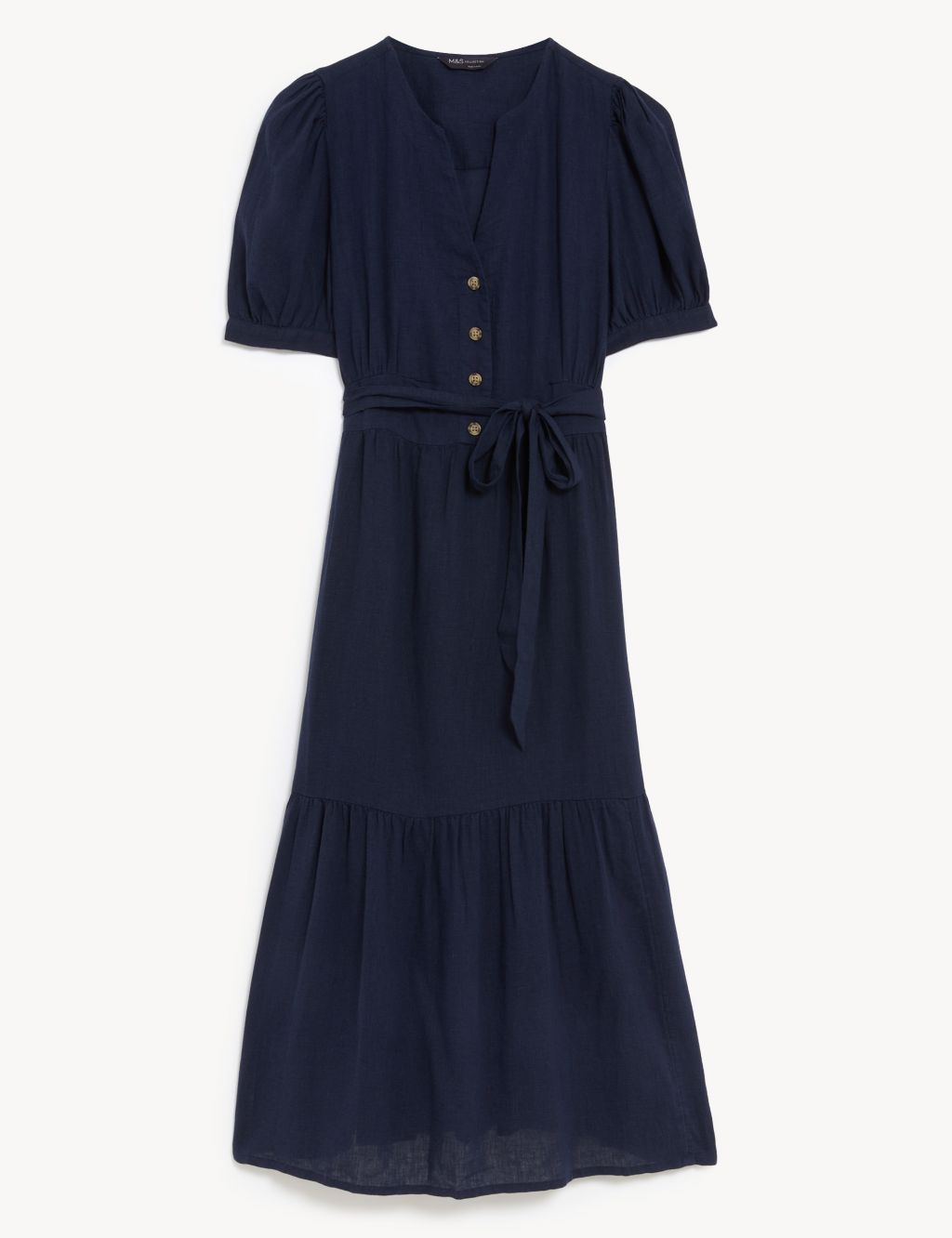 Linen Blend V-Neck Tie Waist Midi Tea Dress