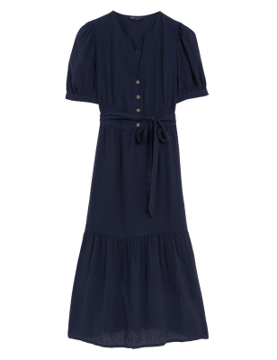 

Womens M&S Collection Linen Blend V-Neck Tie Waist Midi Tea Dress - Navy, Navy