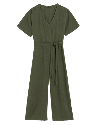 

M&S Collection Mono de pata ancha de lino con detalle de lazoWomens - Hunter Green, Hunter Green