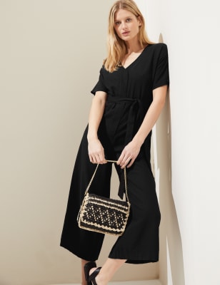 

Womens M&S Collection Kurzer Jumpsuit mit hohem Leinenanteil und weitem Bein - Black, Black