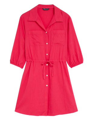 

Womens M&S Collection Linen Rich Button Through Mini Shirt Dress - Fuchsia, Fuchsia