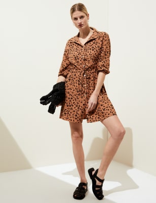 

Womens M&S Collection Mini-Shirtkleid mit hohem Leinenanteil und Tiermuster - Black Mix, Black Mix