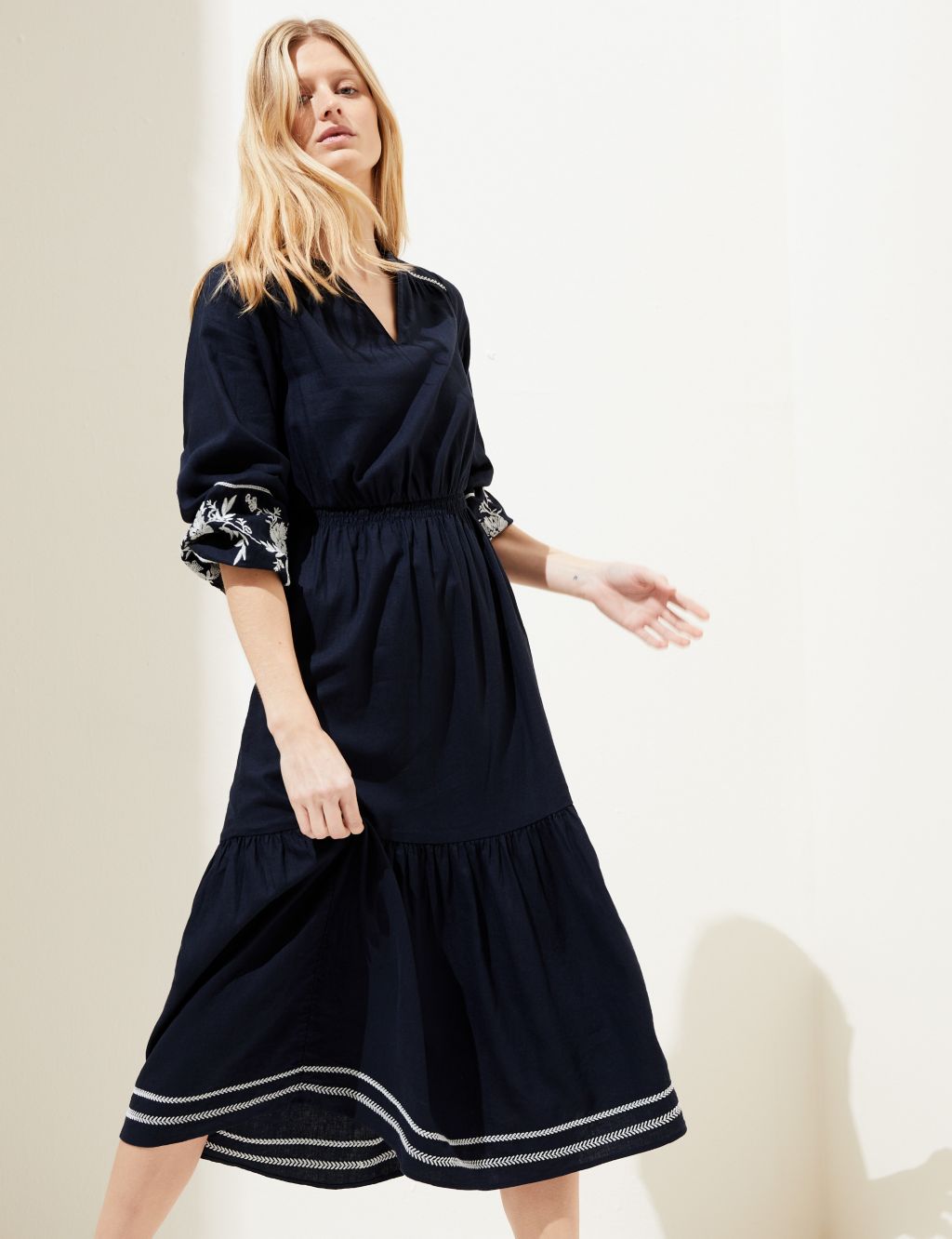 Linen Rich Embroidered V-Neck Midi Dress image 1