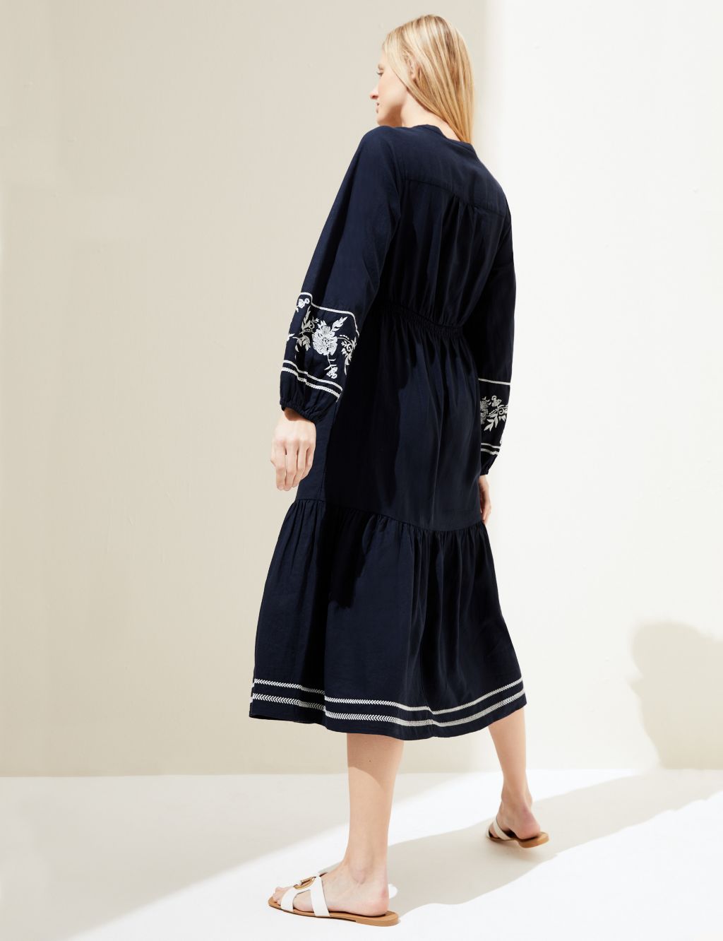Linen Rich Embroidered V-Neck Midi Dress image 5