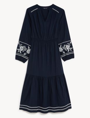 Linen Rich Embroidered V-Neck Midi Dress